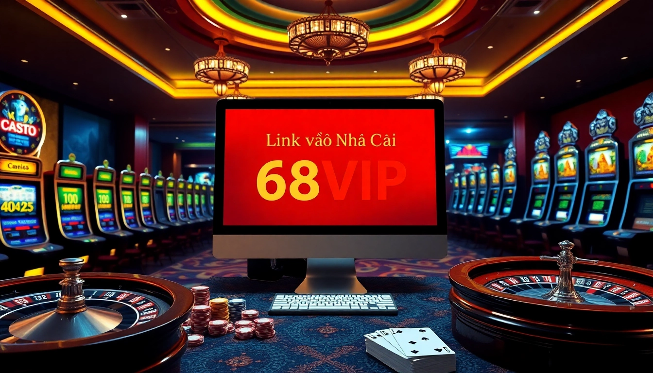 Experience the excitement of Link Vào Nhà Cái 68VIP with vibrant casino visuals and gaming elements.