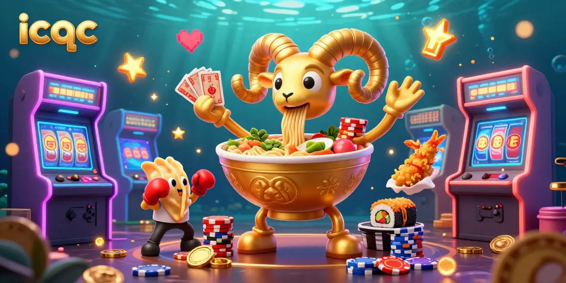 Engage with the vibrant icqc cartoon casino scene featuring a charming ramen bowl dealer, stacked chips, and animated game elements.