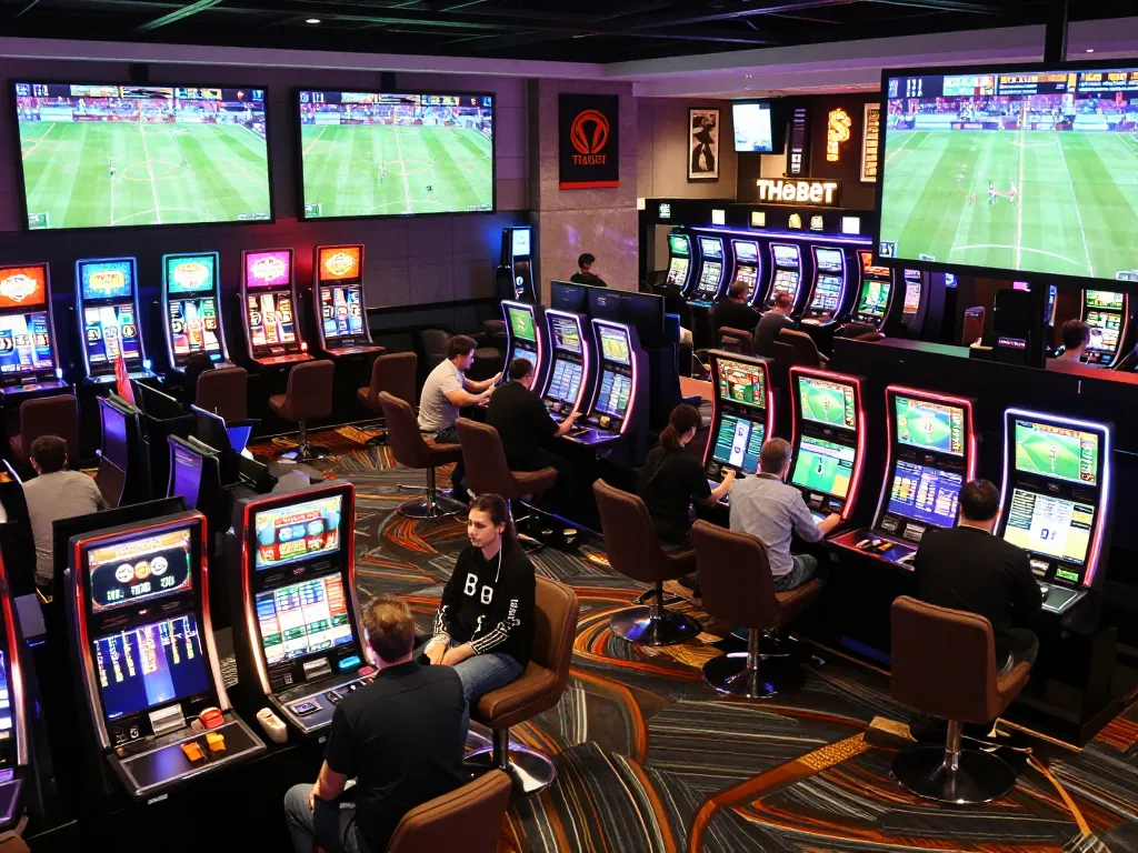 Thabet sports betting enthusiasts placing wagers in a lively casino lounge atmosphere