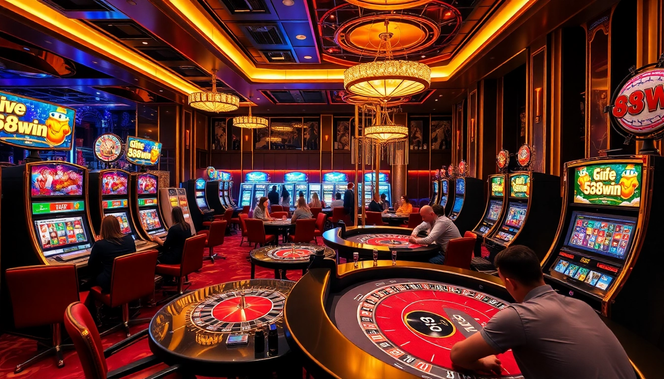 Experience thrilling live casino action at 58win, showcasing poker tables and colorful slot machines in an upscale environment.
