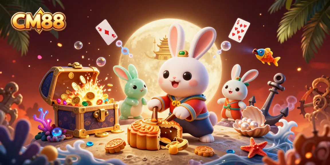 Engage with CM88, where the moon rabbit reveals poker chips amidst vibrant casino elements.