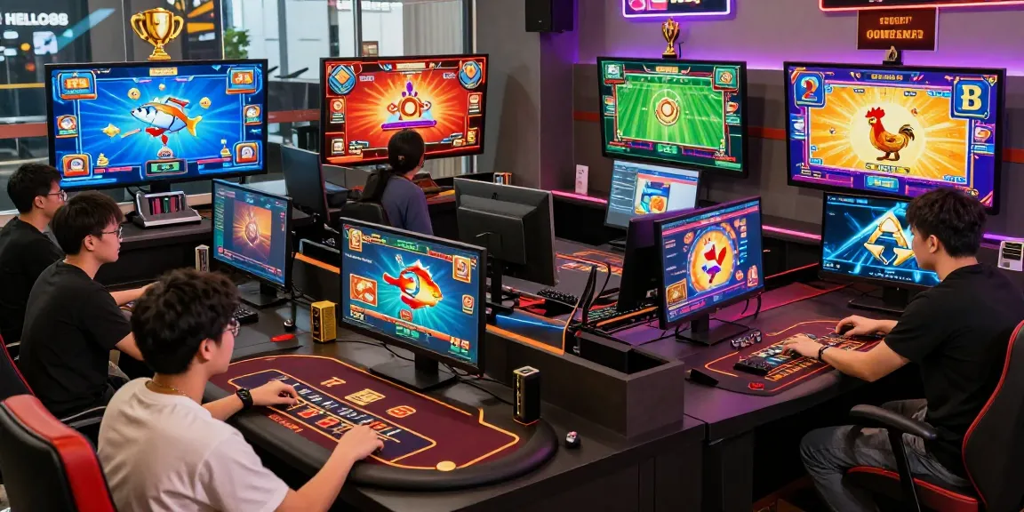 Engaged players exploring HELLO88 gaming, featuring vibrant screens of casino games and sports betting.