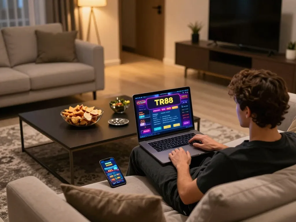 Engaging in online casino gaming at home on TR88, showcasing a modern living setup.