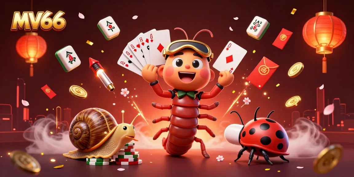 Engage with MV66 as a lively millipede dealer fans cards amidst festive gambling elements.
