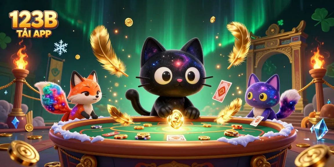 Attract players to the 123B TẢI APP with a dynamic cosmic casino scene featuring captivating characters and elements.