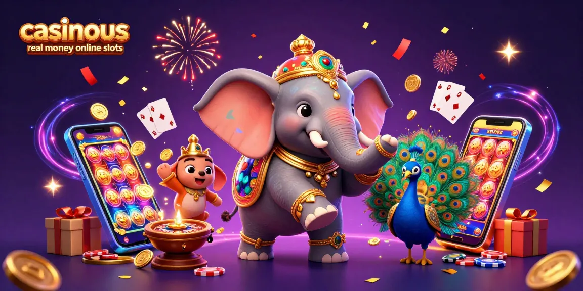 Play slots with casinous real money online slots, highlighting vibrant characters in a festive casino theme.