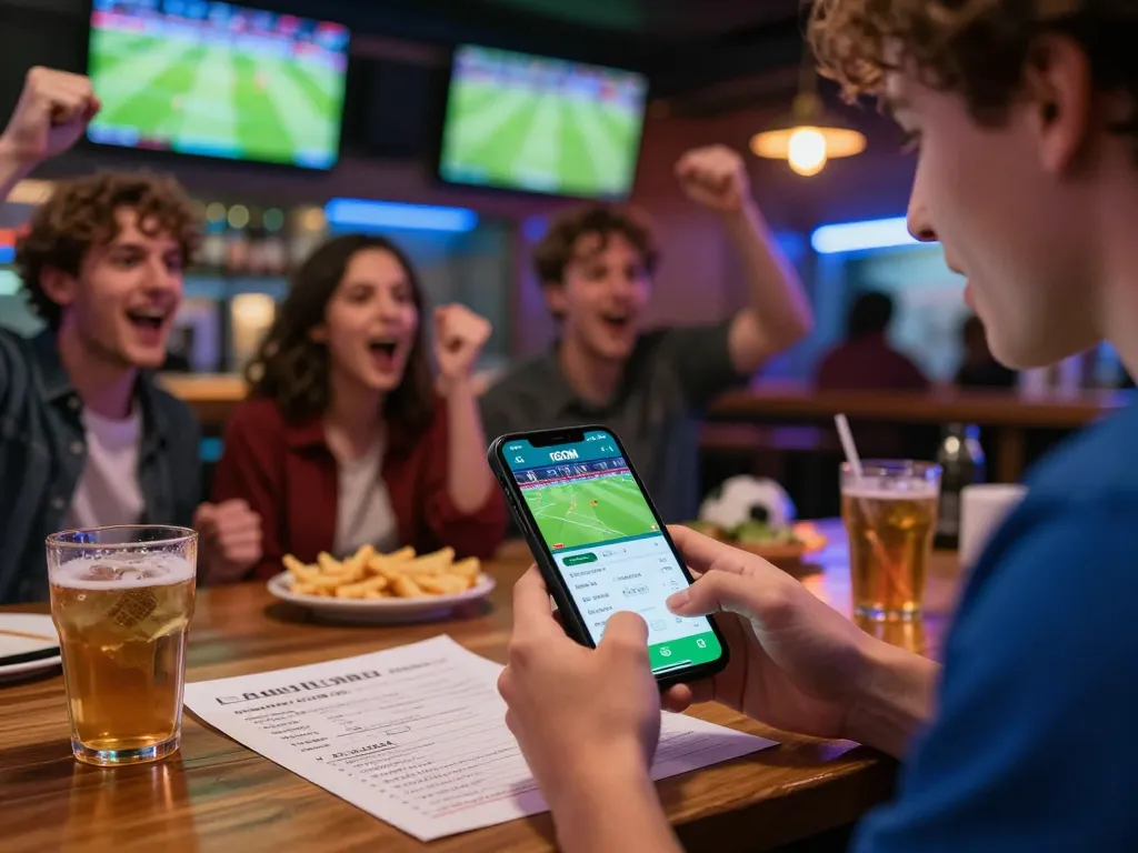 Placing a bet on the 1GOM app during an exciting sports match at a lively bar.