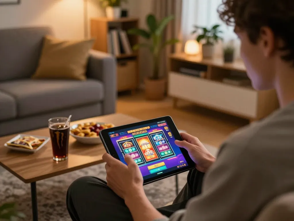 Pemain menikmati pengalaman kasino online di rumah menggunakan tablet dengan slot ap686 terlihat