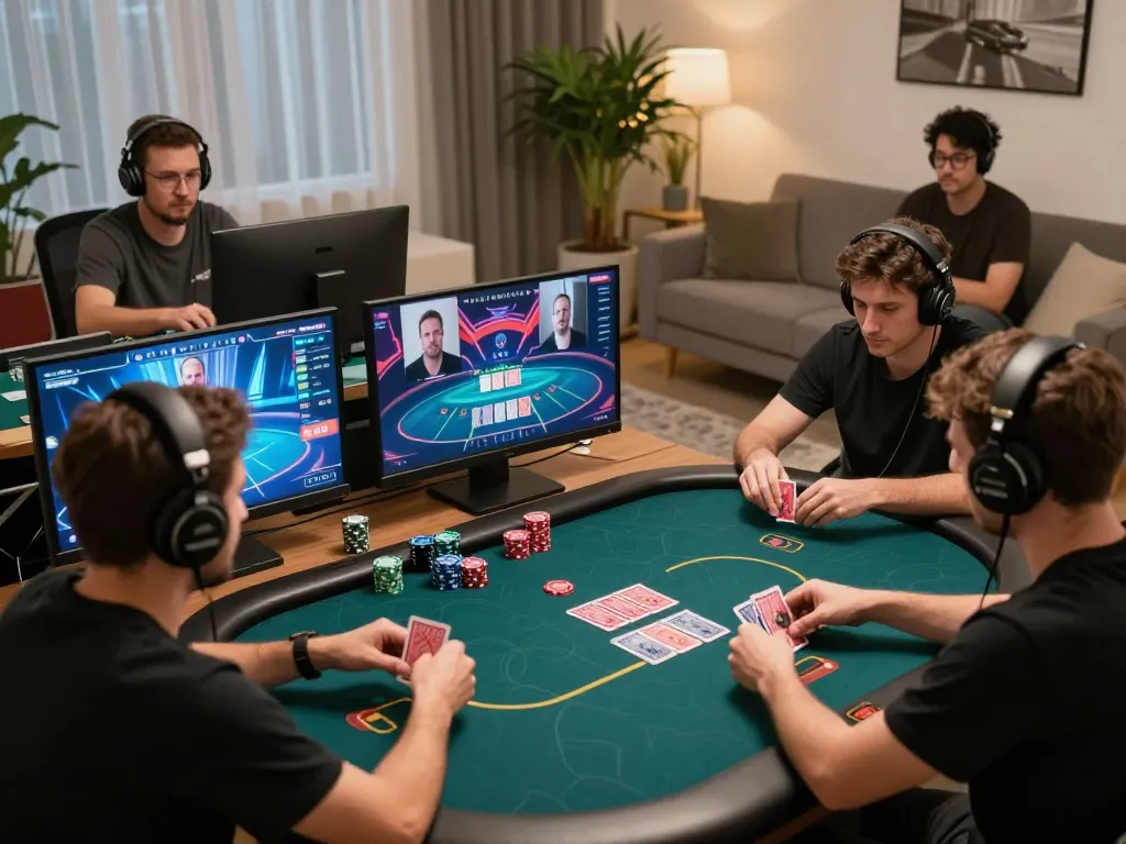 Players engaging in online poker gameplay with mb66 strategy in a cozy home environment