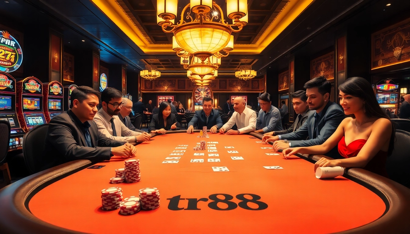 tr88 poker chips and a casino table filled with excited players in a luxurious environment