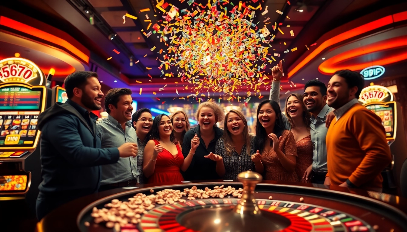 Witnessing the explosion of a prize-winning lottery celebration in a vibrant casino with joy and excitement.