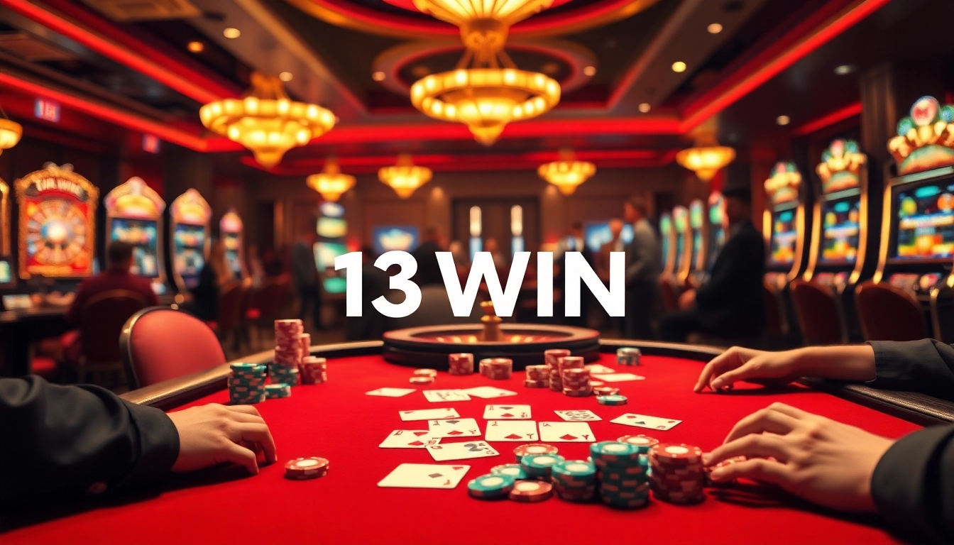 Experience thrilling gameplay at 13WIN with colorful poker chips and glowing casino lights.