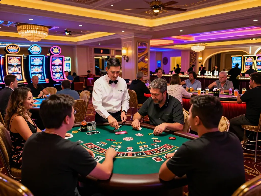 Players enjoying games at a lively casino not on gamstop with vibrant lighting.