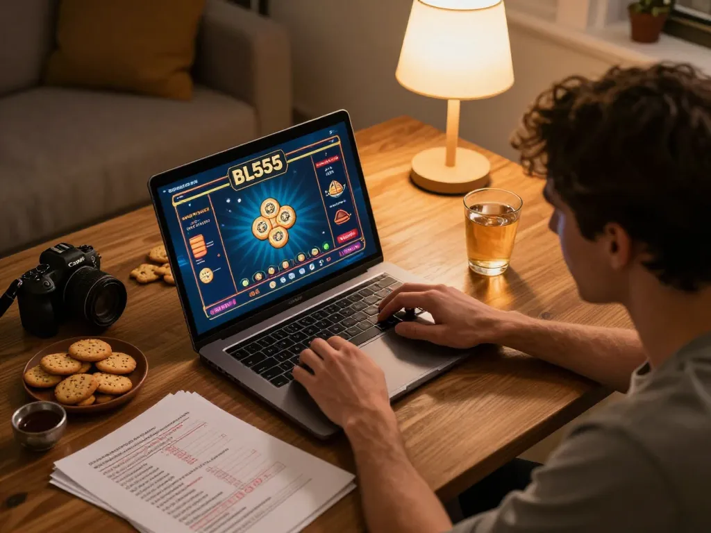 Player engaging on BL555 gambling platform, focusing on online casino gameplay with snacks nearby