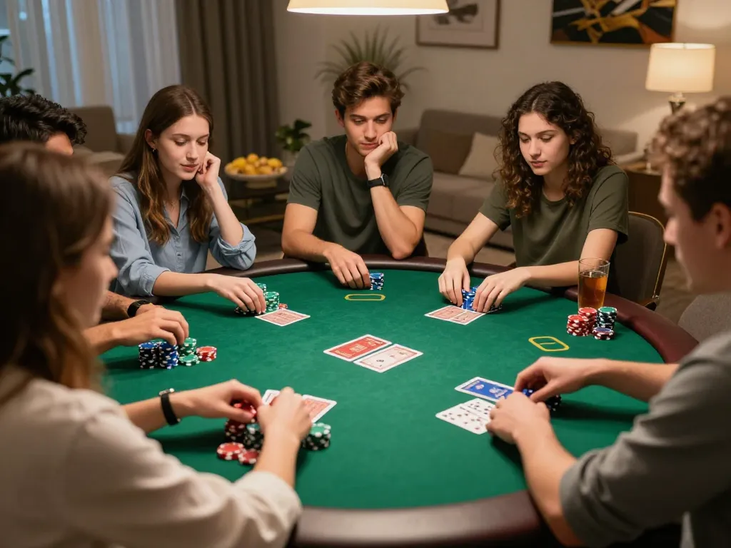 Friends playing poker at home with sunwin casino chips, showcasing strategy and excitement.