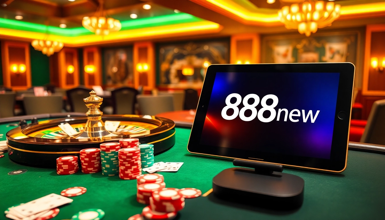 Players enjoying a thrilling game at 888new casino with vibrant poker chips and cards.
