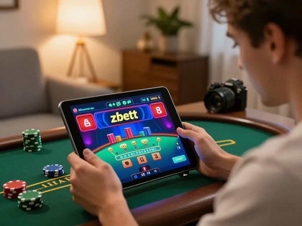 Player enjoying live blackjack on zbett's online casino platform in a cozy home setting.