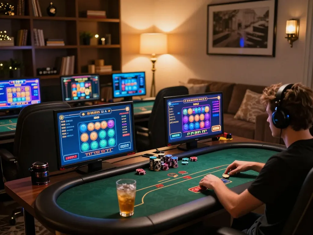 Engaging in strategic gameplay at 3Win's online casino platform with vibrant screens illuminating the cozy space.