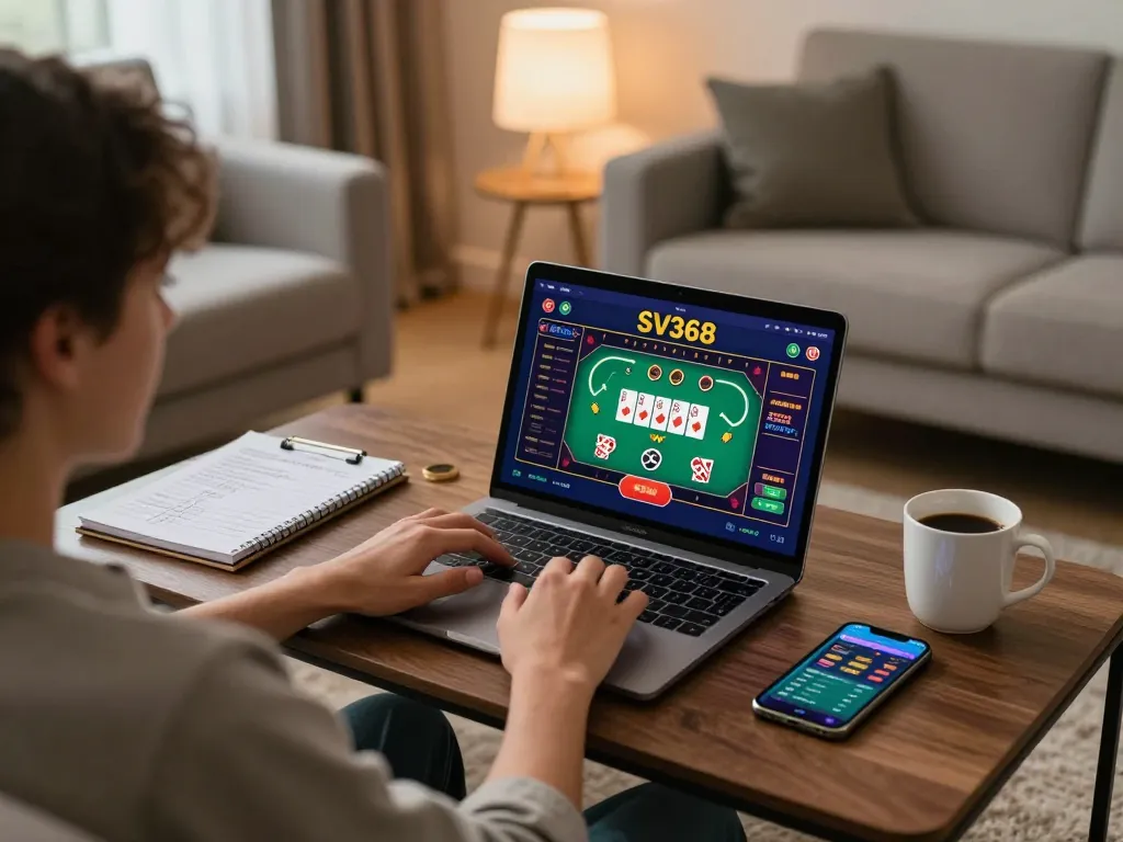 Experience SV368 online gaming with interactive poker on a laptop in a cozy living room setting.