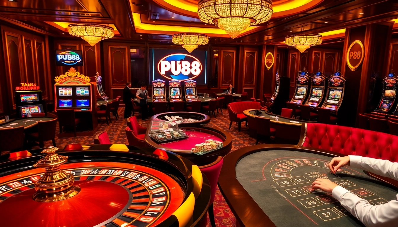 The thrilling atmosphere of gambling at https://pub88.in.net/ showcasing roulette and poker gameplay.