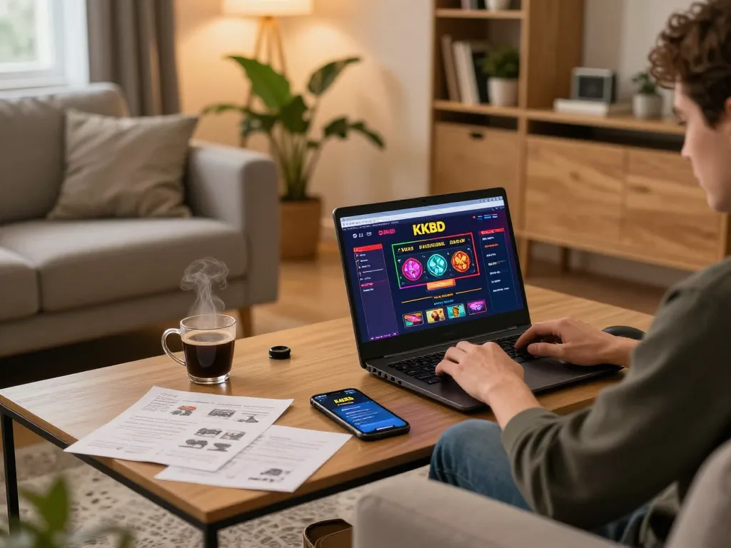 Playing online casino games at home via KKBD app with laptop and strategy notes