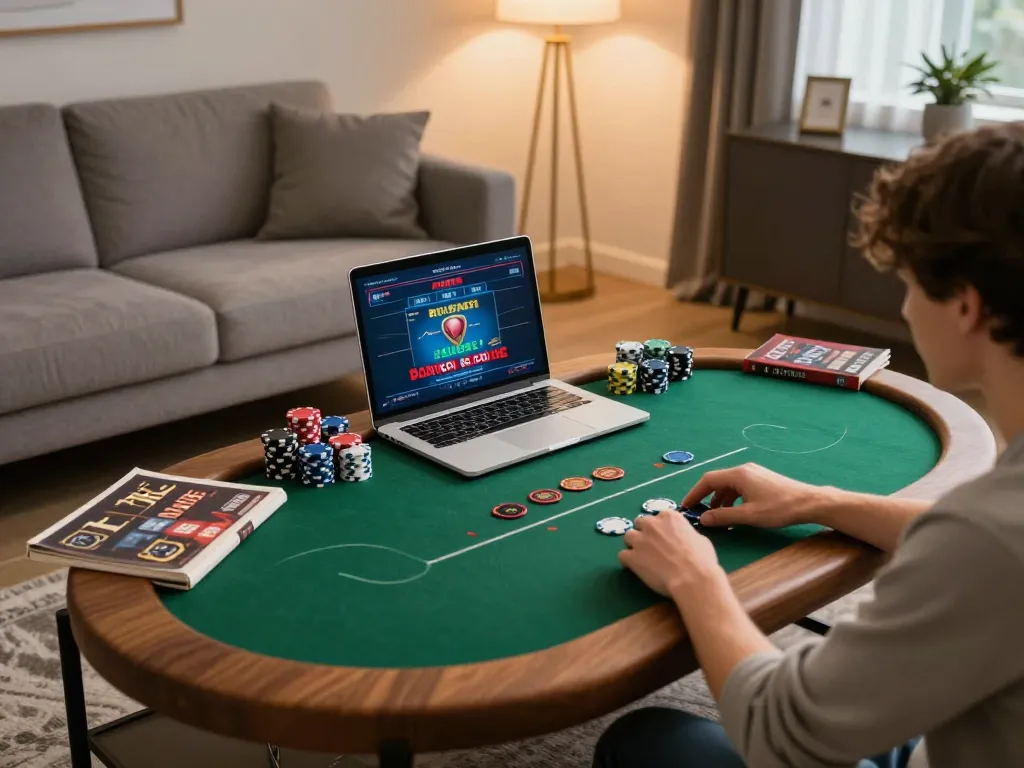 33WIN online poker session in a cozy living room with strategic notes and chips.