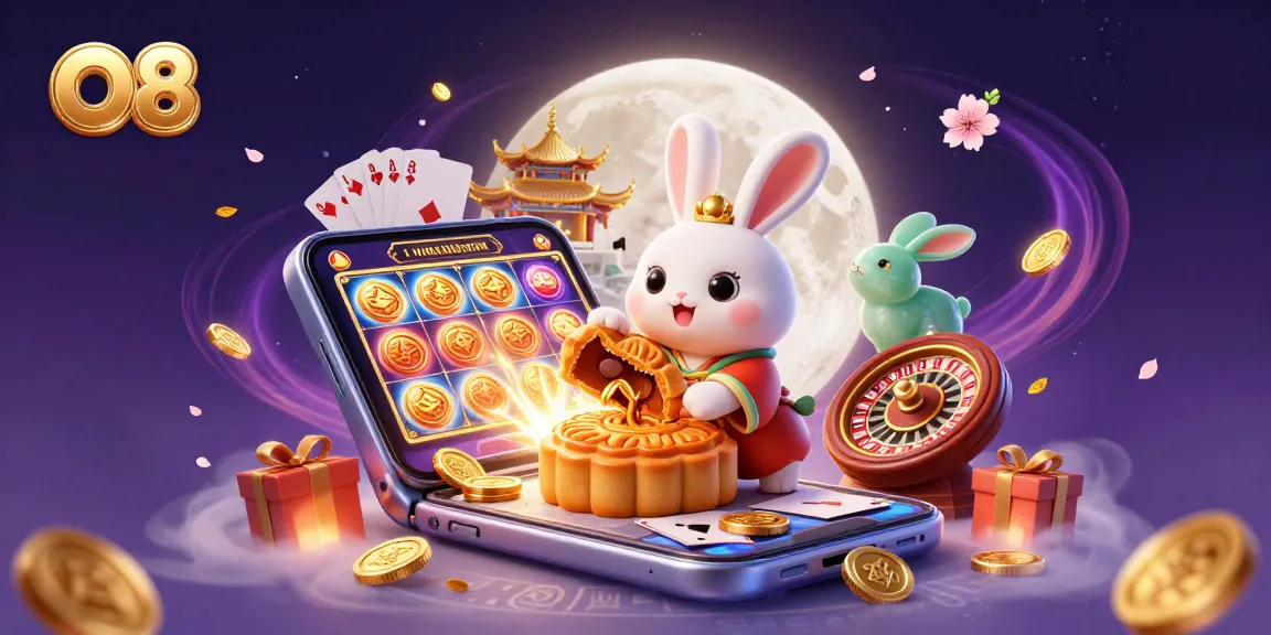 Experience O8's vibrant casino magic with a moon rabbit and poker chips illustration.