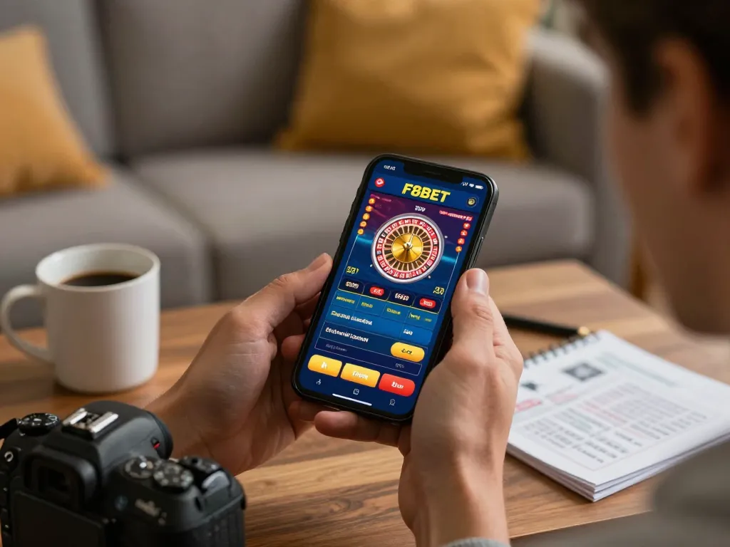 Engaging player using F8BET mobile app to place bets on live roulette, creating a cozy gaming experience.