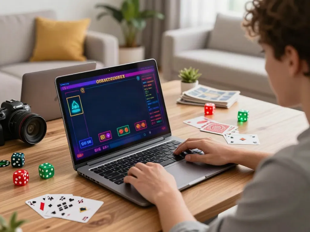 Engaged player enjoying a casino not on gamstop experience on their laptop in a cozy living room.