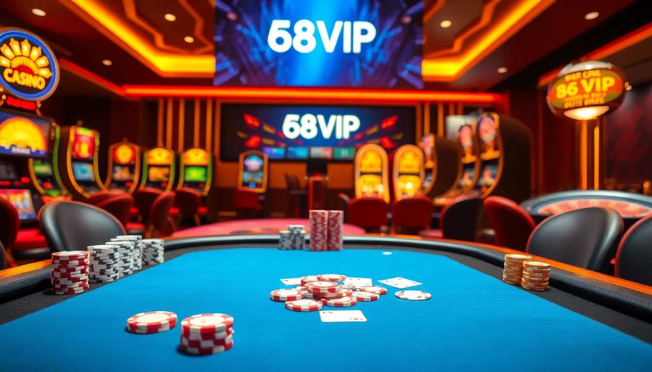 Players enjoying an exciting game at 68VIP luxury casino table with poker chips and cards.