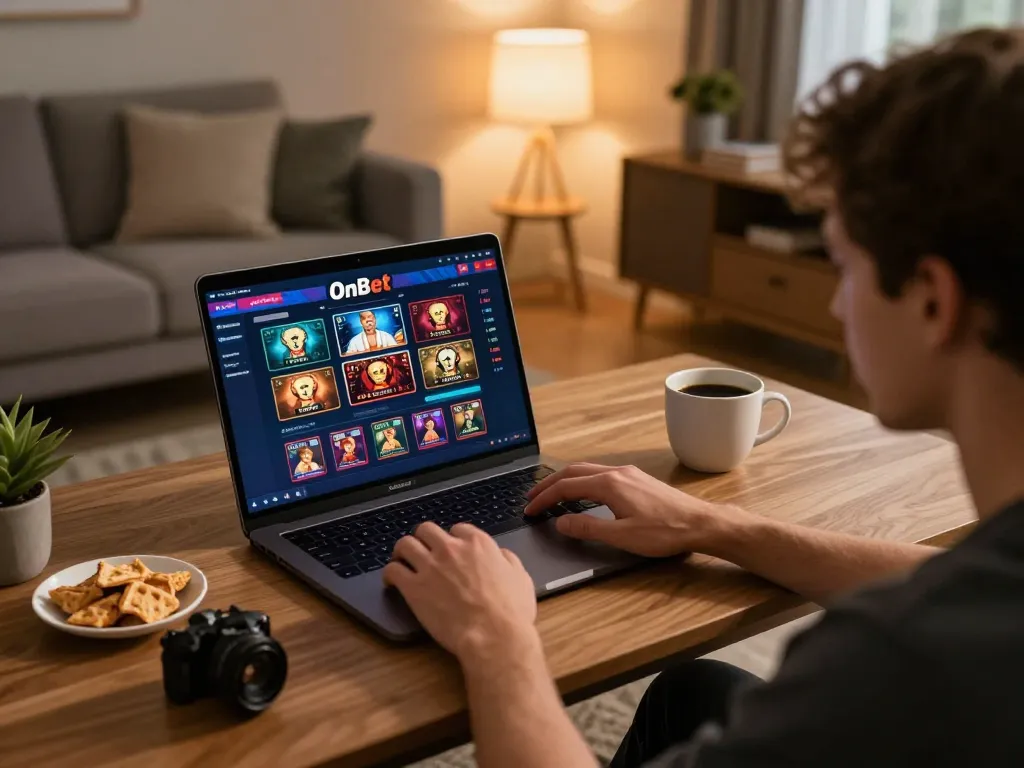 Engaging in online gambling on OnBet from a cozy home setup with a laptop.