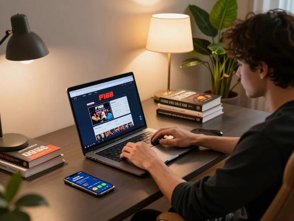 Engaging with F168's online casino from a cozy home office with laptop and smartphone.