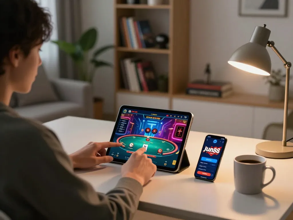 Engaging player enjoying jun88 poker game on tablet in a cozy home setup, focused on strategic gameplay.