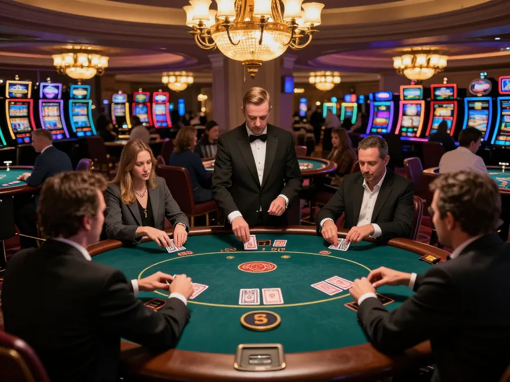 B52club players enjoying a thrilling poker game with engaging dealer and vibrant casino atmosphere