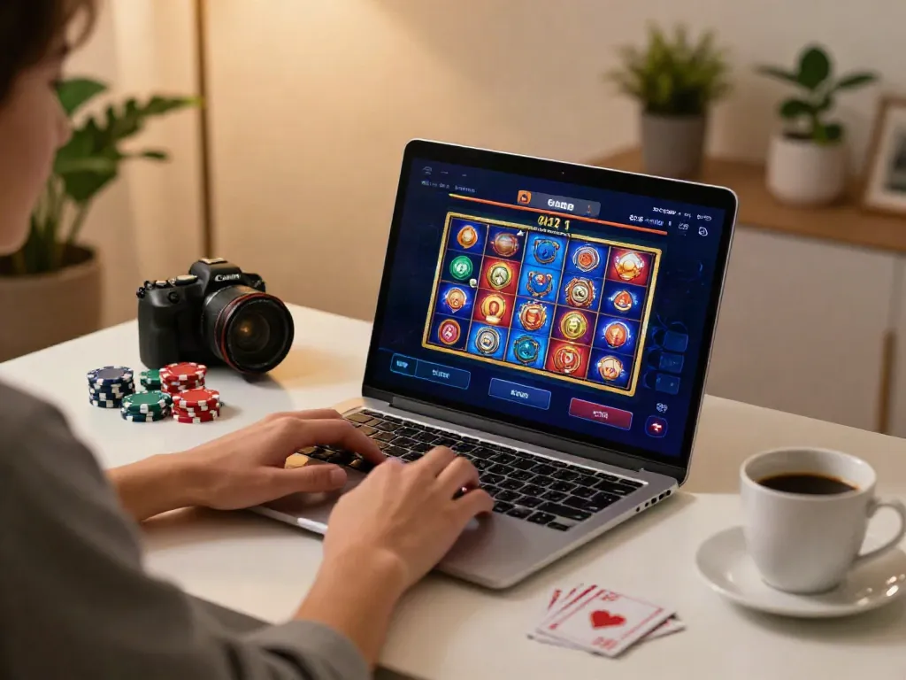 Player enjoying an online game at a casino not on GamStop with vibrant slot graphics and poker elements.