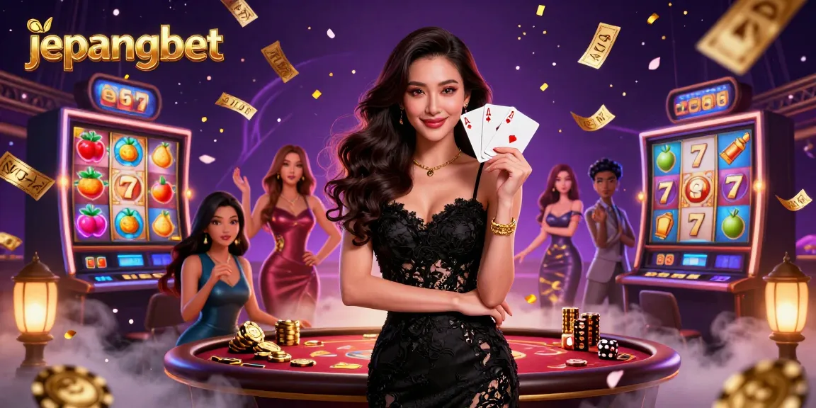 Experience the thrill of Jepangbet with vibrant slot symbols and a stylish Asian woman in a casino.