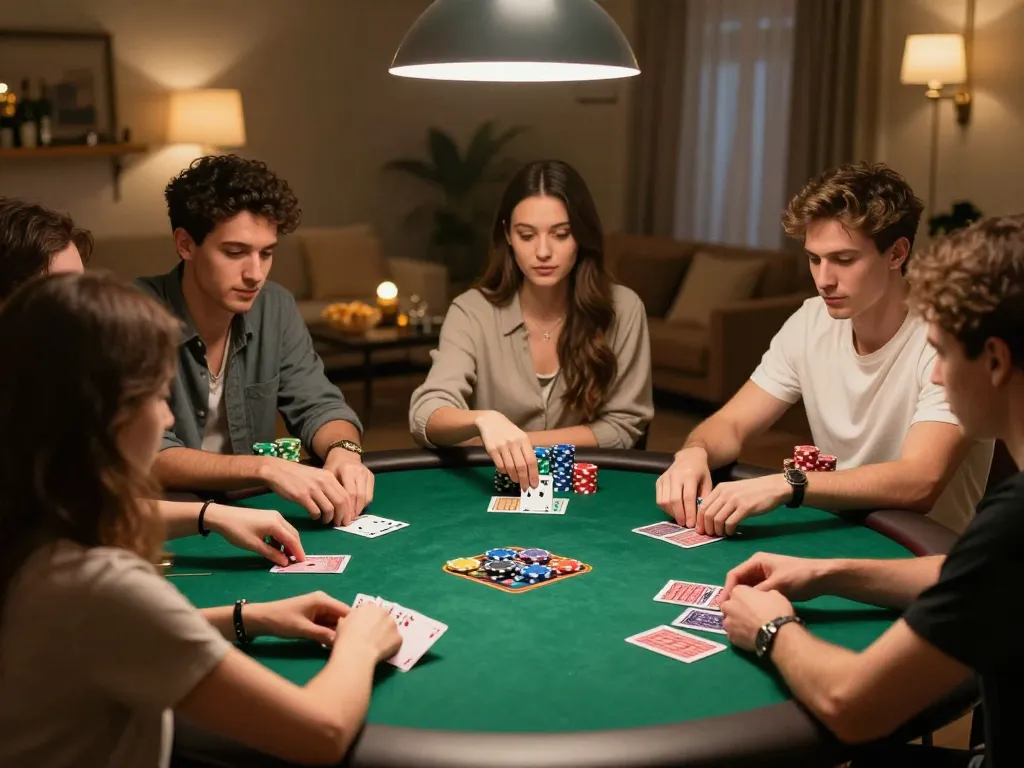 Playing poker with friends in a cozy home setting, showcasing strategies with man88 gaming.