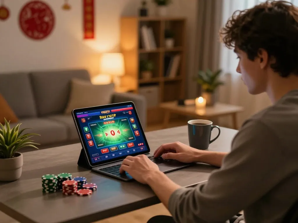 Player enjoying Bayvip online casino on a tablet in a cozy setting, surrounded by poker chips and festive decorations.