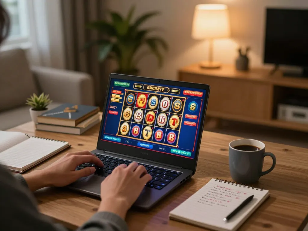 Engaging in online casino gaming with Link vào ta88, enjoying vibrant slots game on a cozy home setup.