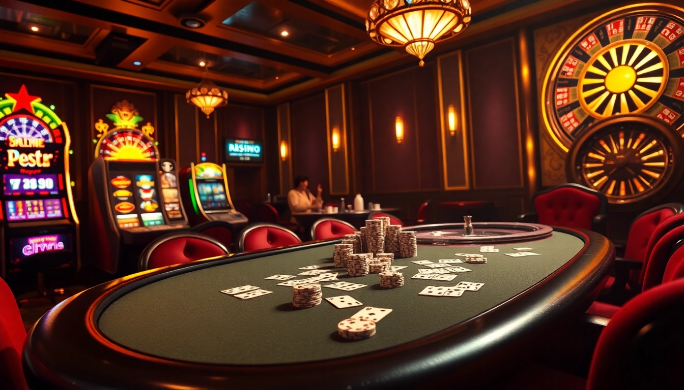 Experience thrilling gambling action at 68VIP with elegant poker tables and vibrant slot machines.