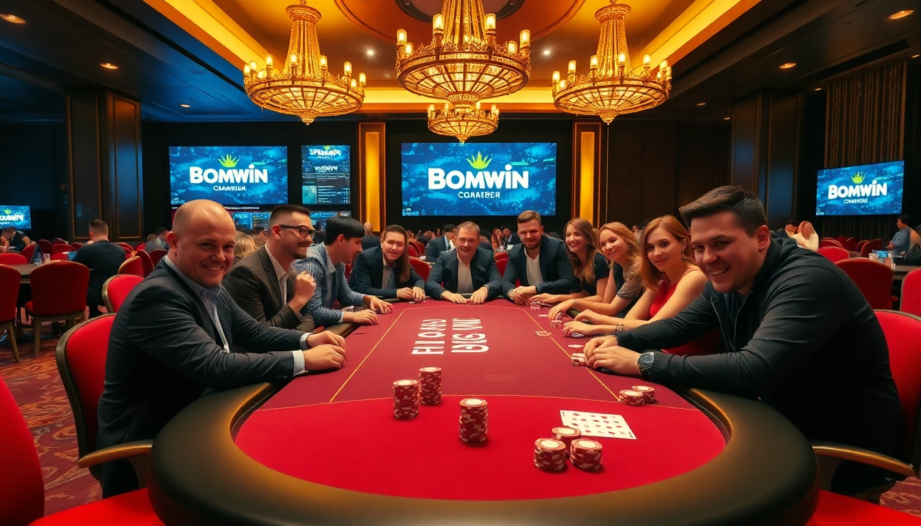 Experience the excitement of Bomwin with players at a vibrant poker table in a luxurious casino setting.