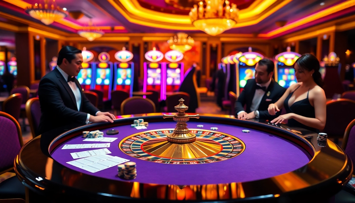 Experience the thrill of DA88 at a luxury roulette table surrounded by excited players and vibrant casino lights.