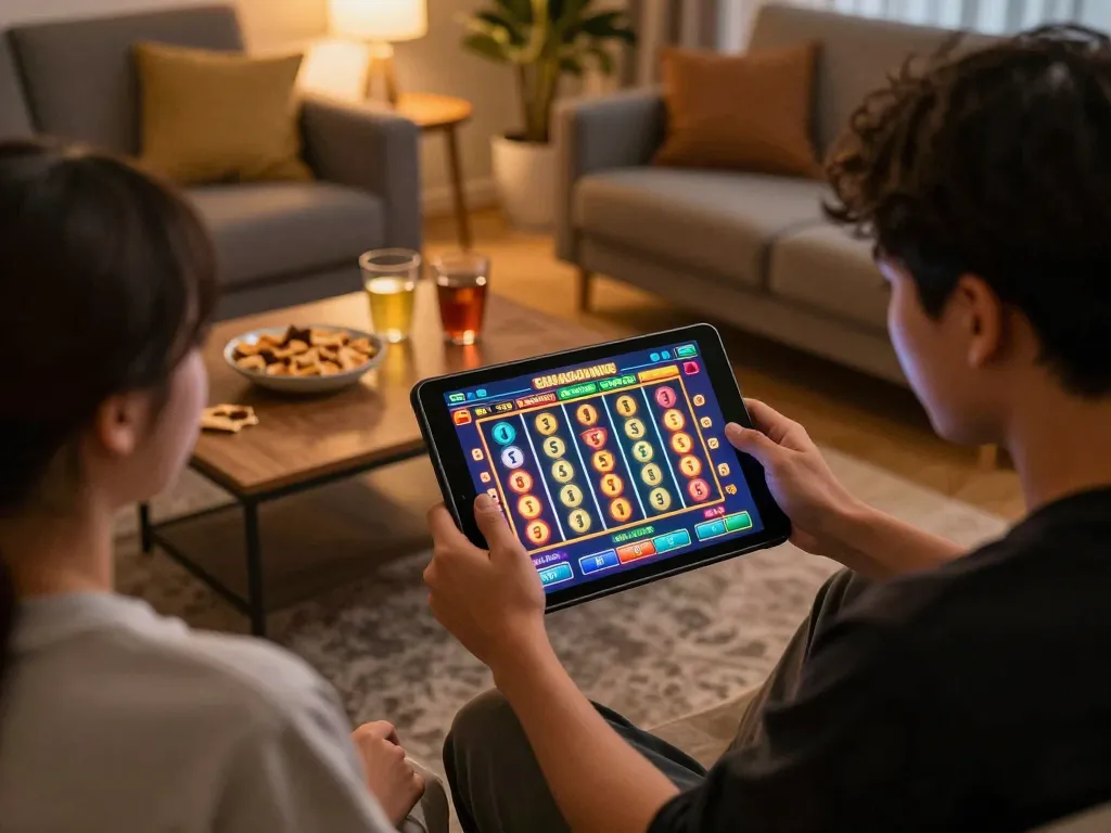 Player enthusiastically spins reels on a tablet showcasing situs slot gacor in a relaxed living room.