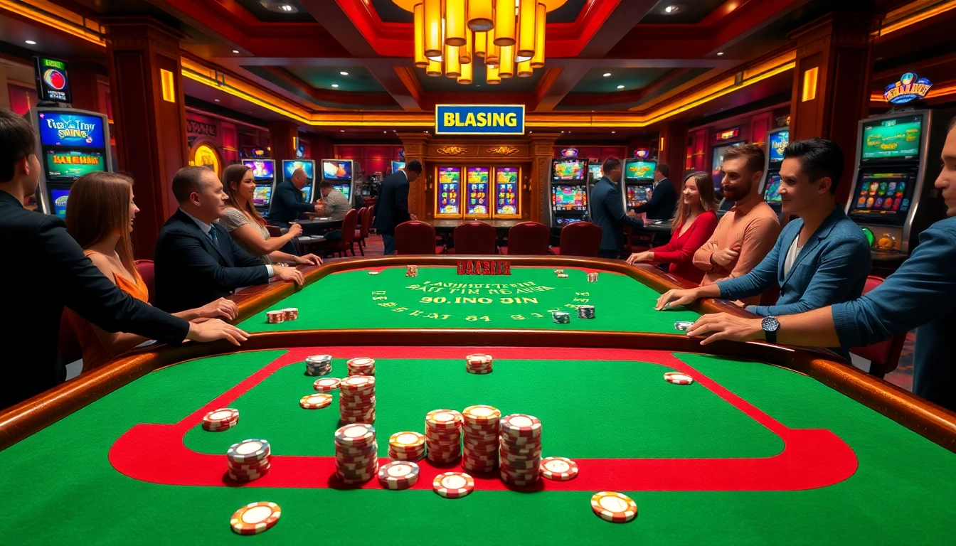 KJC players engaging in a vibrant casino atmosphere with blackjack, poker chips, and exciting slot machines.