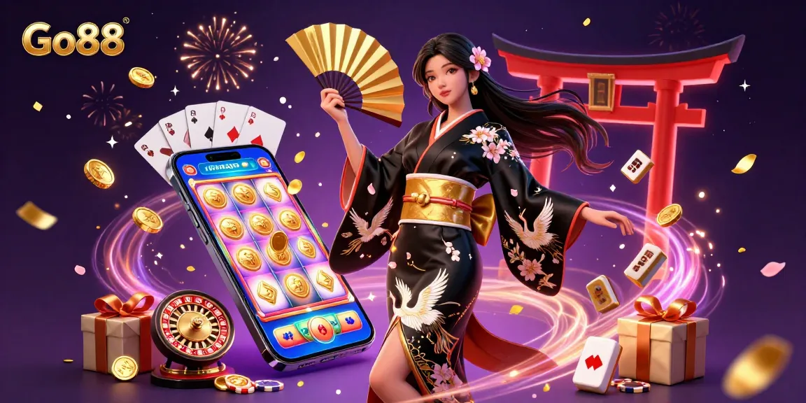 Engage with Go88's vibrant online casino through a stunning illustration showcasing games and excitement.