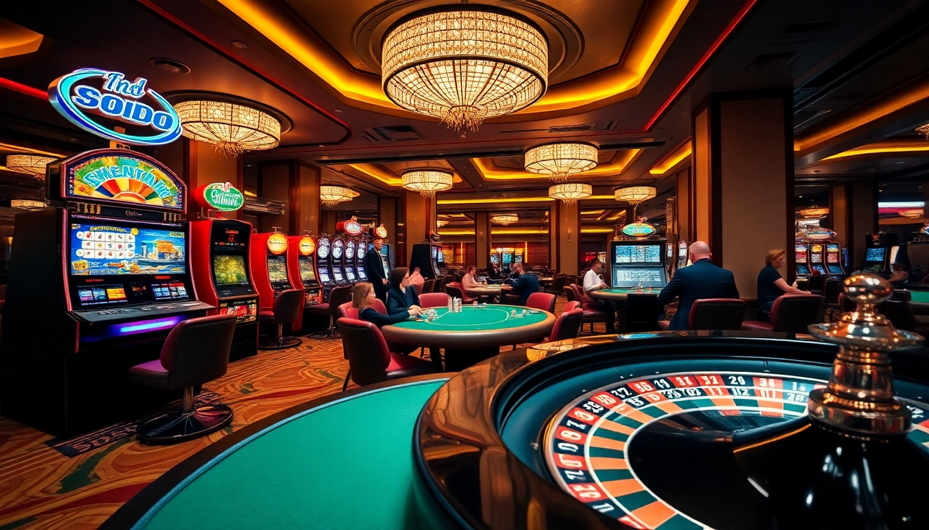 SODO CASINO vibrant gaming atmosphere with poker tables and slot machines in action.