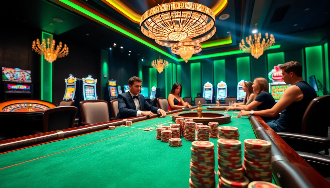 Exciting casino scene featuring Luck8 gaming tables and vibrant slot machines.