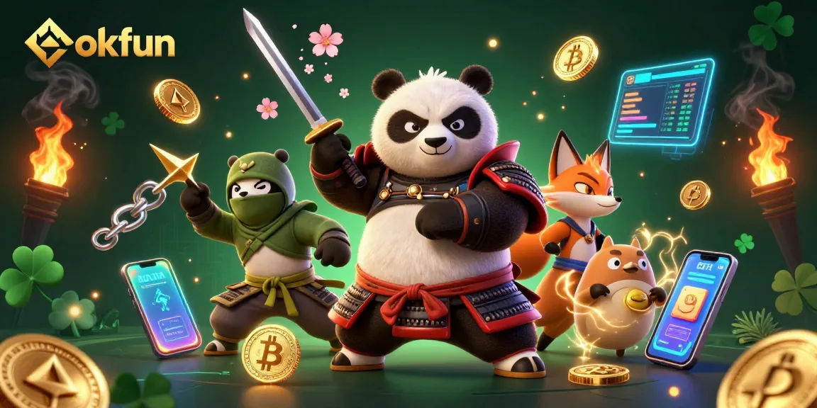 Experience excitement at okfun with a dynamic scene featuring samurai panda and ninja fox in a rich casino environment.