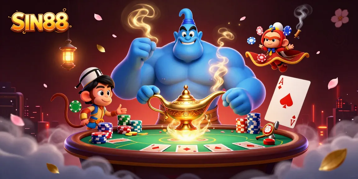 Experience thrilling gameplay with SIN88 featuring a powerful genie and vibrant poker scene.