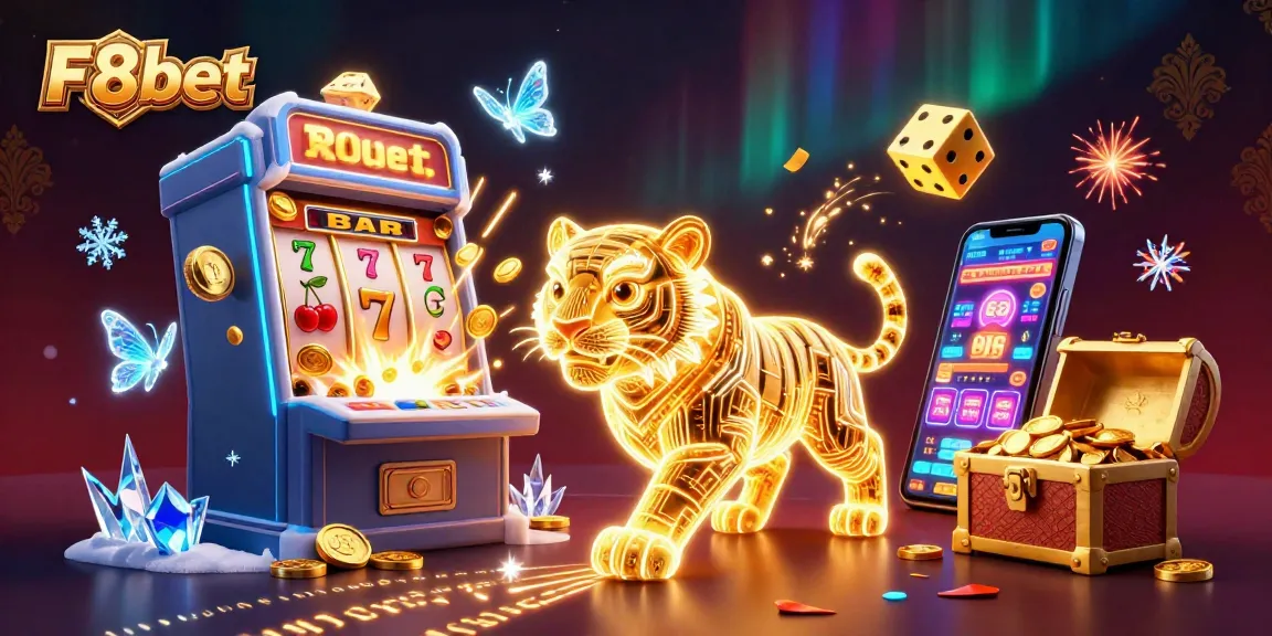 Engage with F8bet's vibrant digital casino landscape, highlighted by a neon-wireframe golden tiger and jackpot explosions.